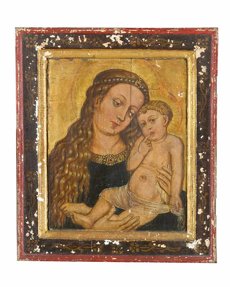 Hans von Kulmbach (1476-1528)-school, Virgin with Jesus, oil on gold ground and wooden panel, partly