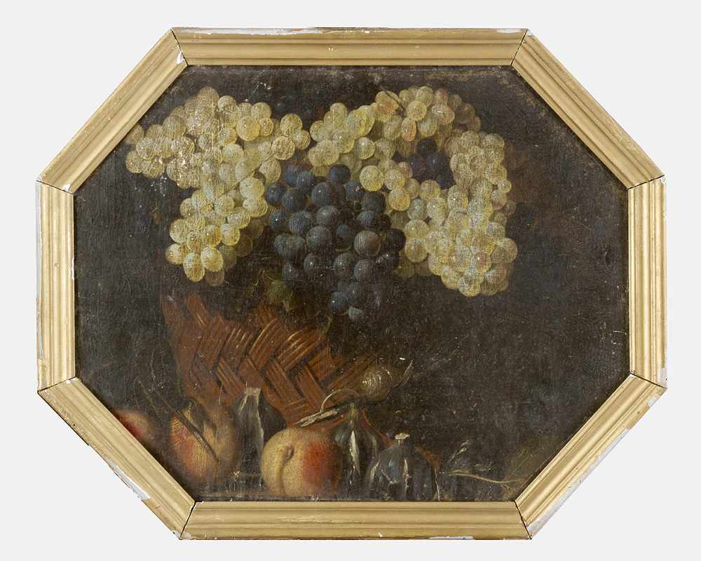 Pierre Dupuis (1610-1682)-circle, Still life with grapes, peaches, figues and snail by a basket; oil