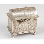 A Dutch silver wedding casket on four bowl feet, rectangular shape with round lid to be opened;