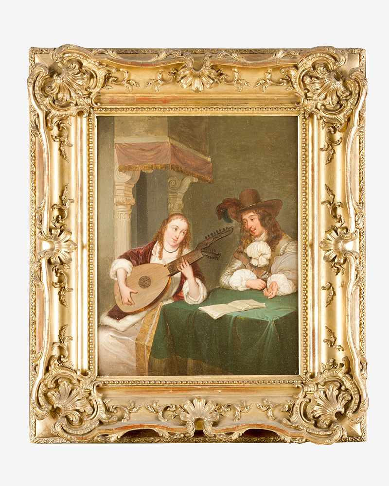 Louis de Moni (1698– 1771)-attributed, Elegant couple with lute by a table; oil on wood, framed.