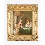 Louis de Moni (1698– 1771)-attributed, Elegant couple with lute by a table; oil on wood, framed.