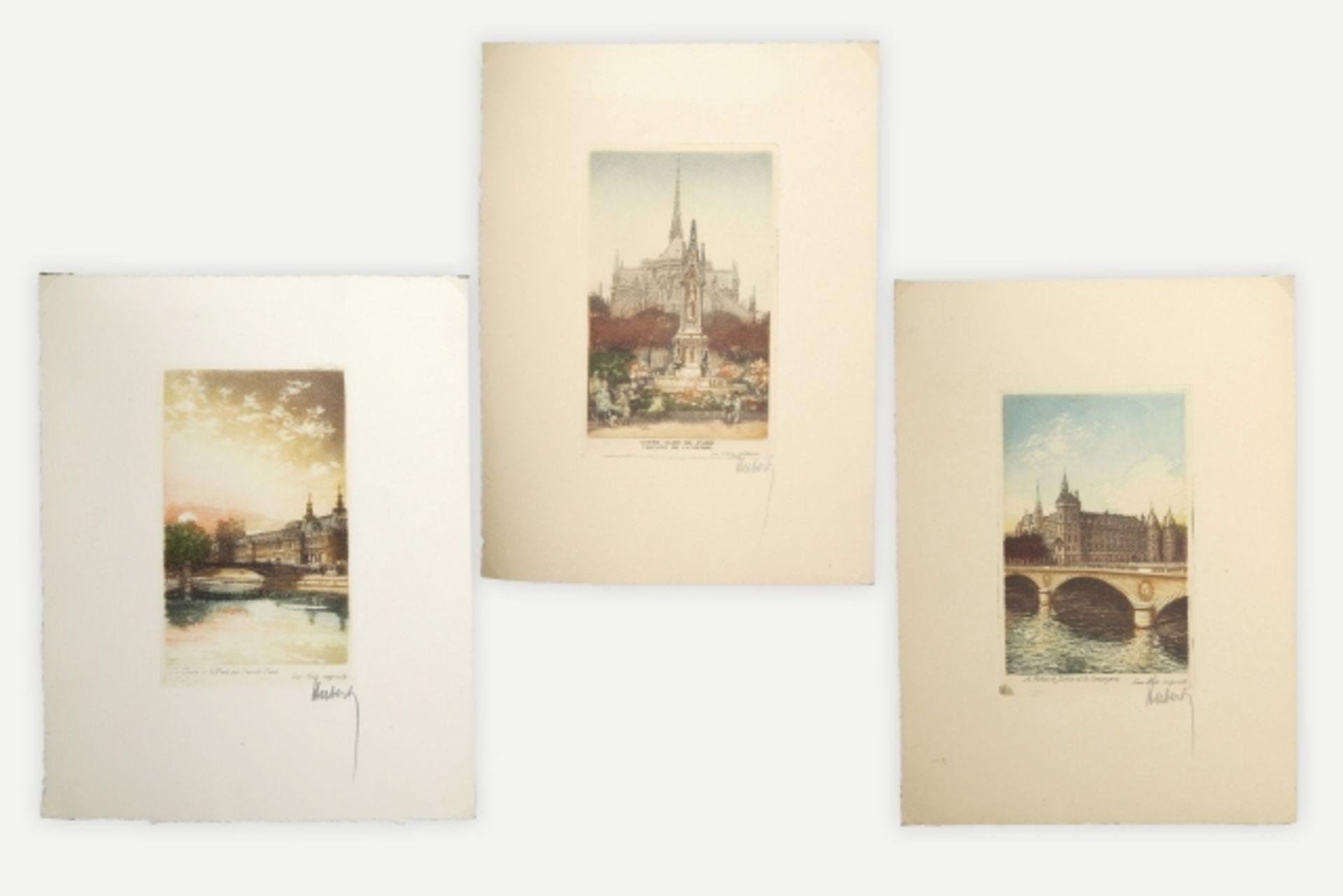 14 unterschiedliche Farbradierungen Pariser Veduten, handsigniert Hubert, Größen 11,5x7 cm und