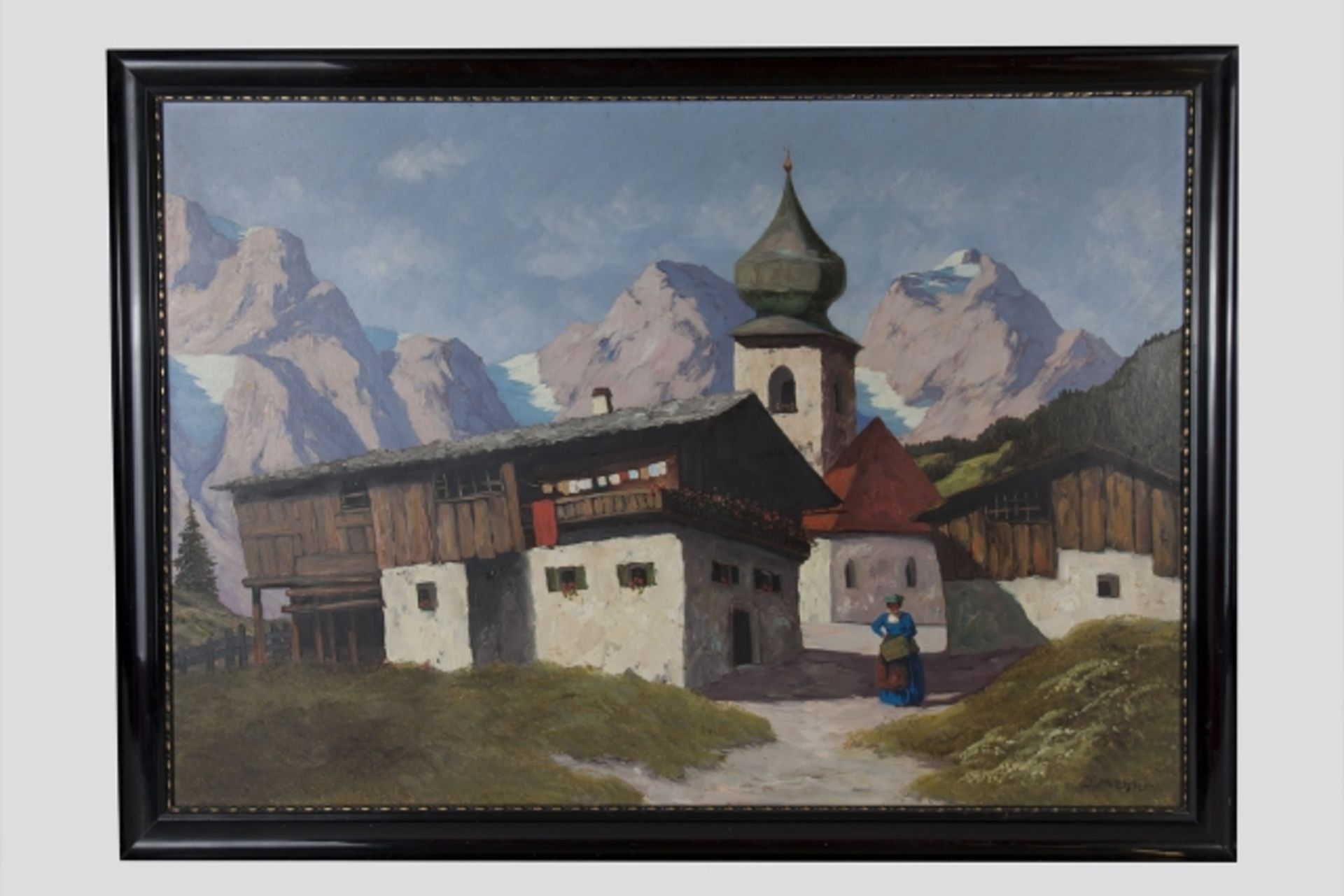 J.Mahler (Tirol 1930/40) Dorfidylle in den Alpen, Gouache auf Karton, signiert J.Mahler, 98x69 cm,