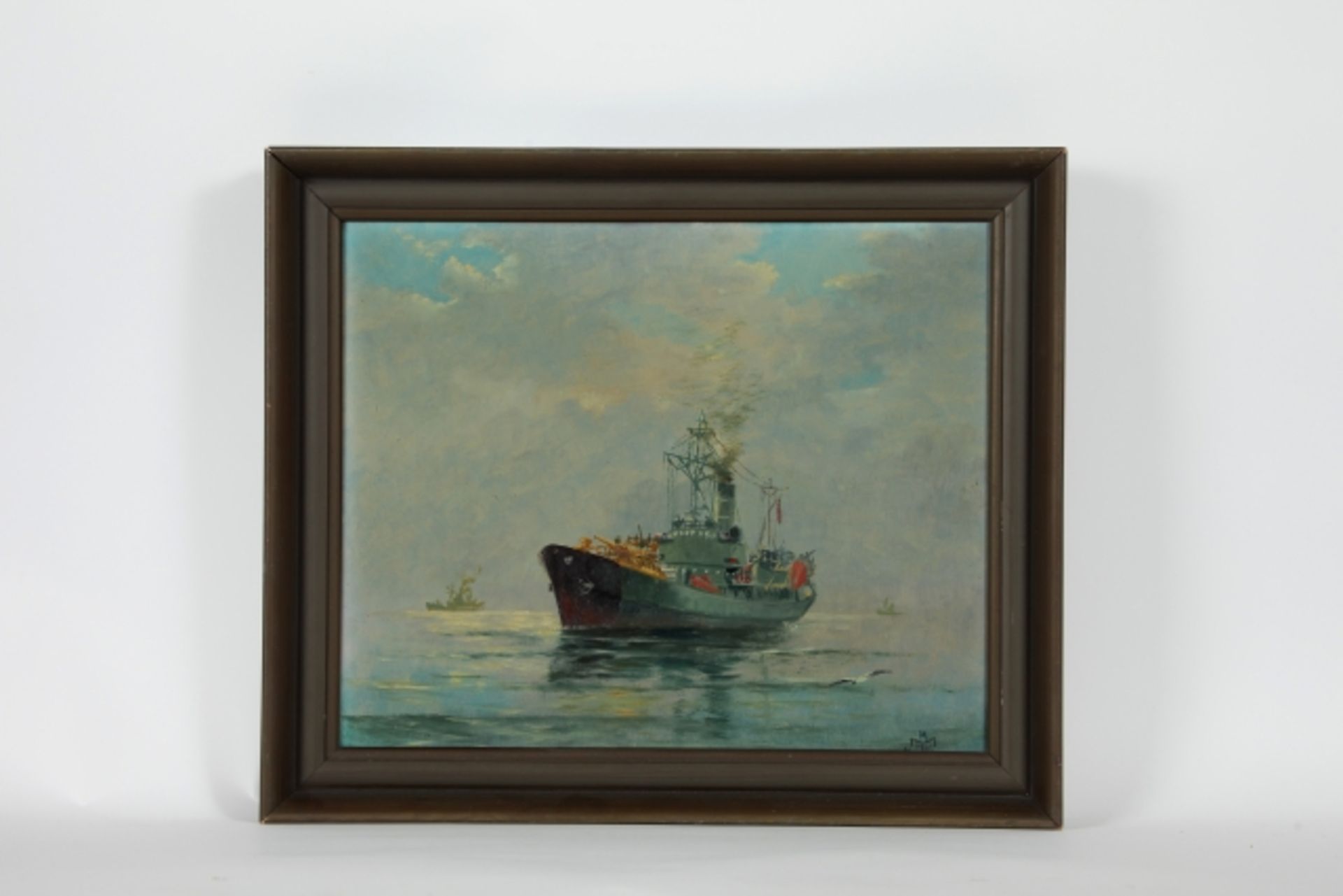 Künstler 1.Hälfte 20.Jh. Kriegsschiff, Öl auf Hartfaserplatte, monogrammiert KM, datiert 1943,
