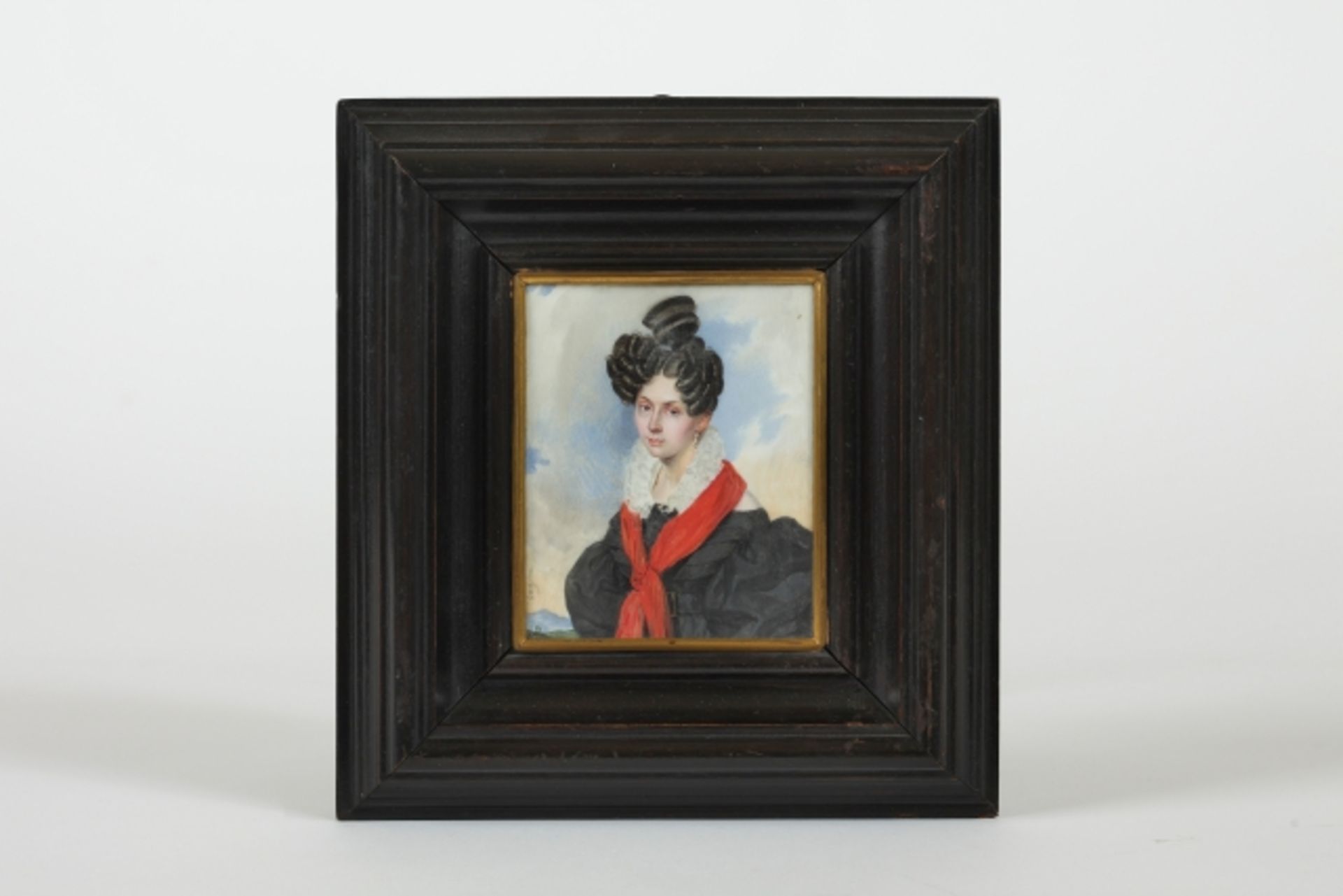 Karl von Saar (1797-1853 Österreich) Miniatur, Portrait einer Dame in schwarzem Kleid und rotem