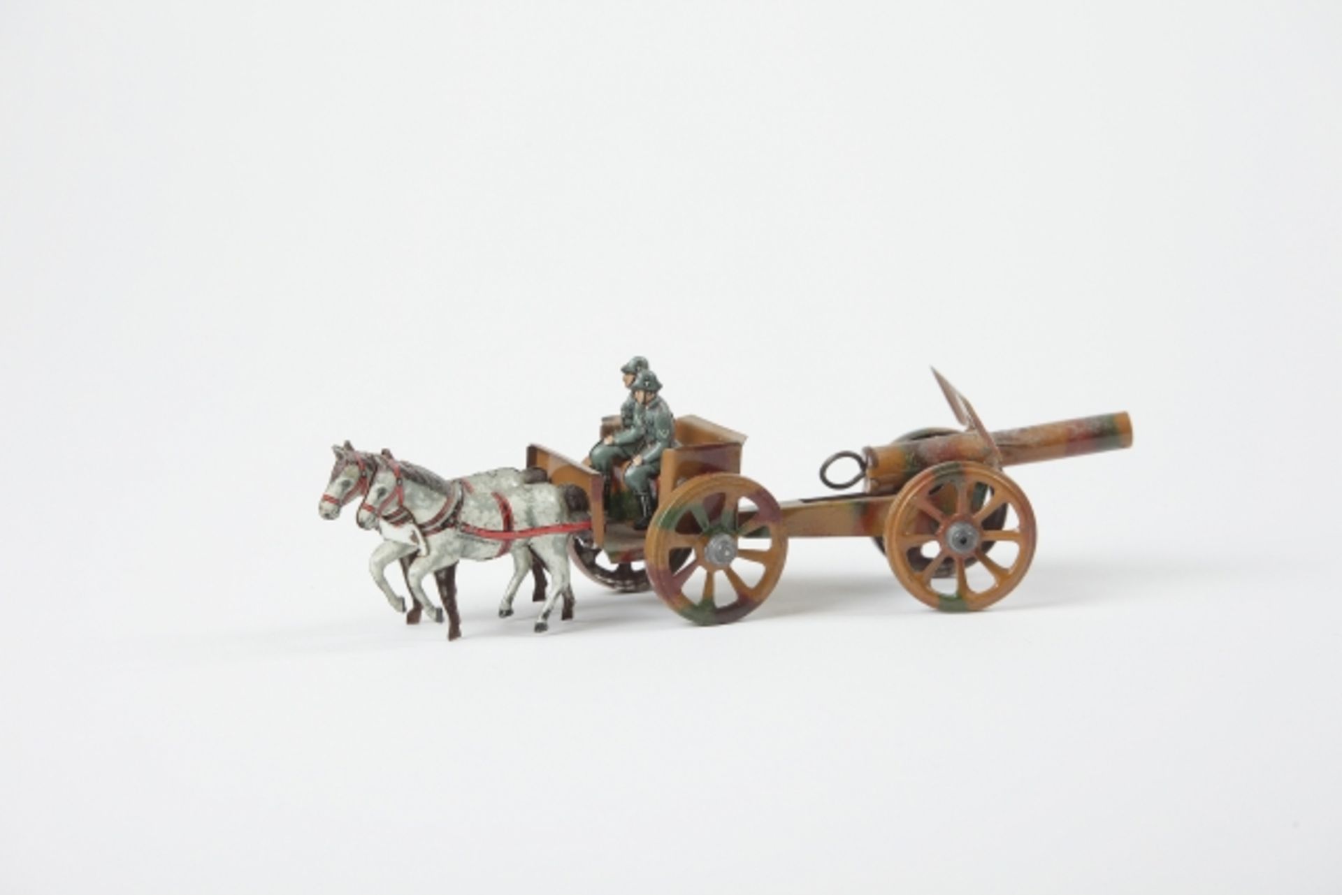 Penny Toy Gespann mit Kanone, 1920-1930, Blech, Marke Georg Fischer(?), Made in Germany, farbig