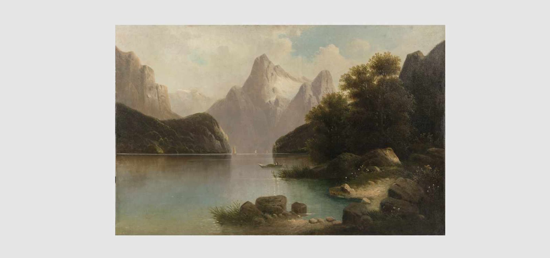 Künstler Anfang 20.Jh, Landschaftsdarstellung mit See und Berge, Öl auf Leinwand, 68x105 cm, o.
