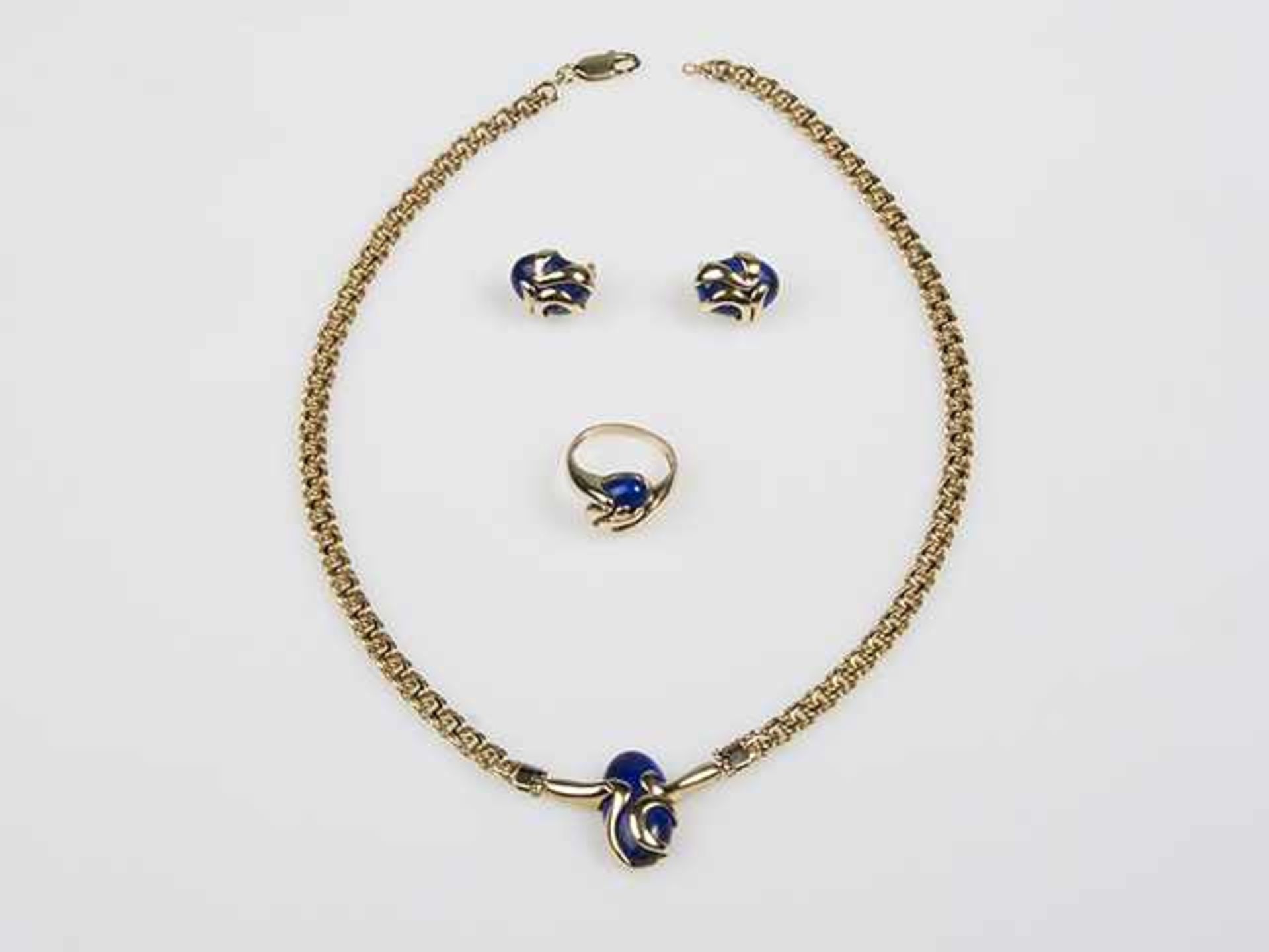 Damenschmuckgarnitur Gold 585, mit Lapis Lazuli, bestehend aus: 1 Collier , Länge ca. 50 cm, 1