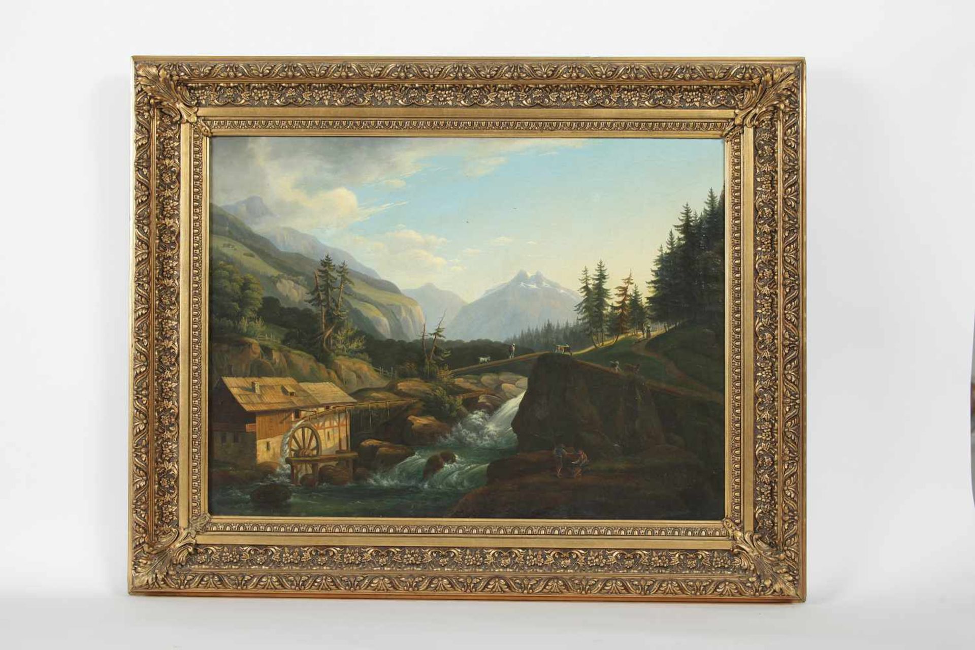 Künstler 18.Jh. Mühle in Landschaft, Öl auf Leinwand, krakeliert, 48x65 cm, gerahmt;
