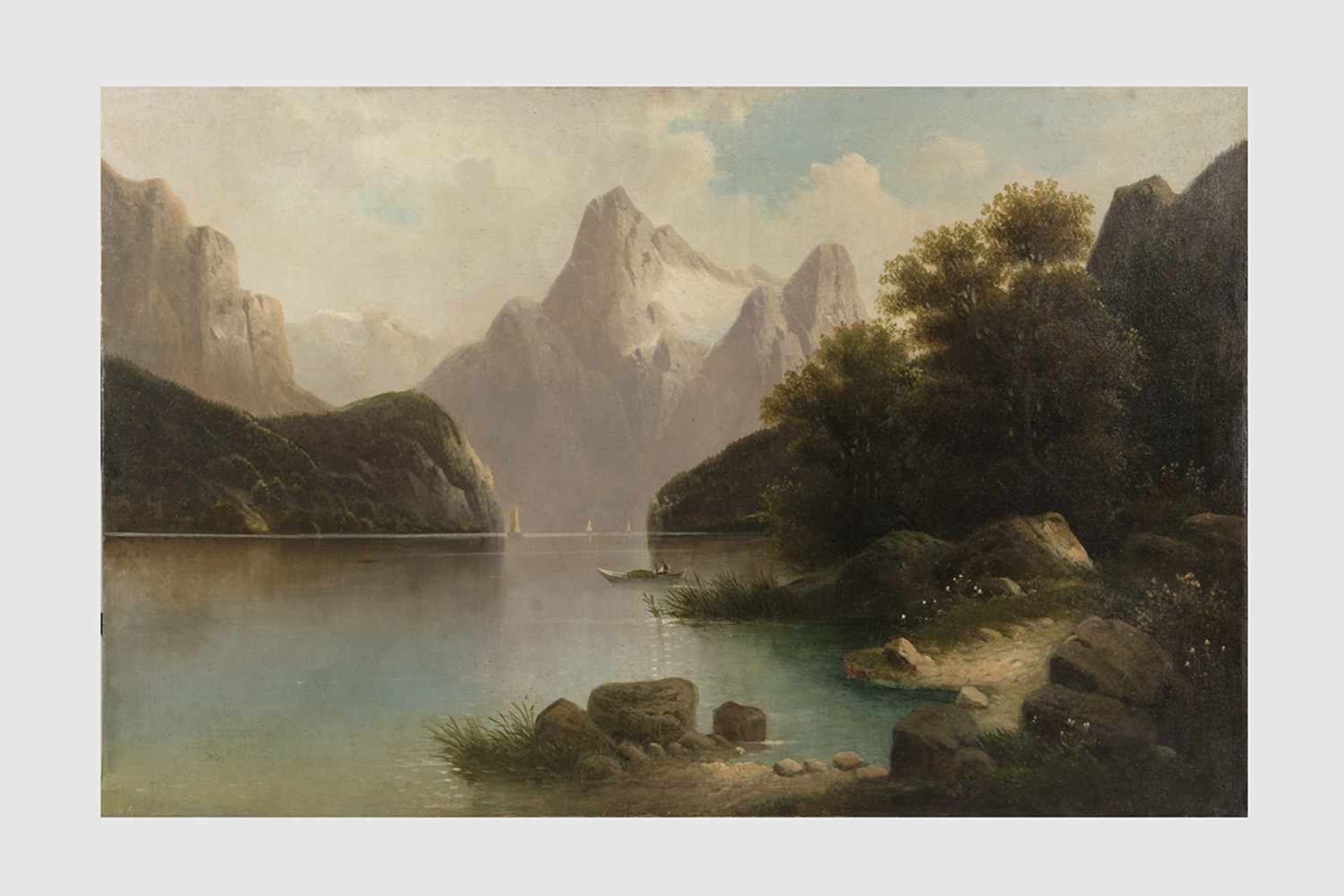 Künstler Anfang 20.Jh, Landschaftsdarstellung mit See und Berge, Öl auf Leinwand, 68x105 cm, o.