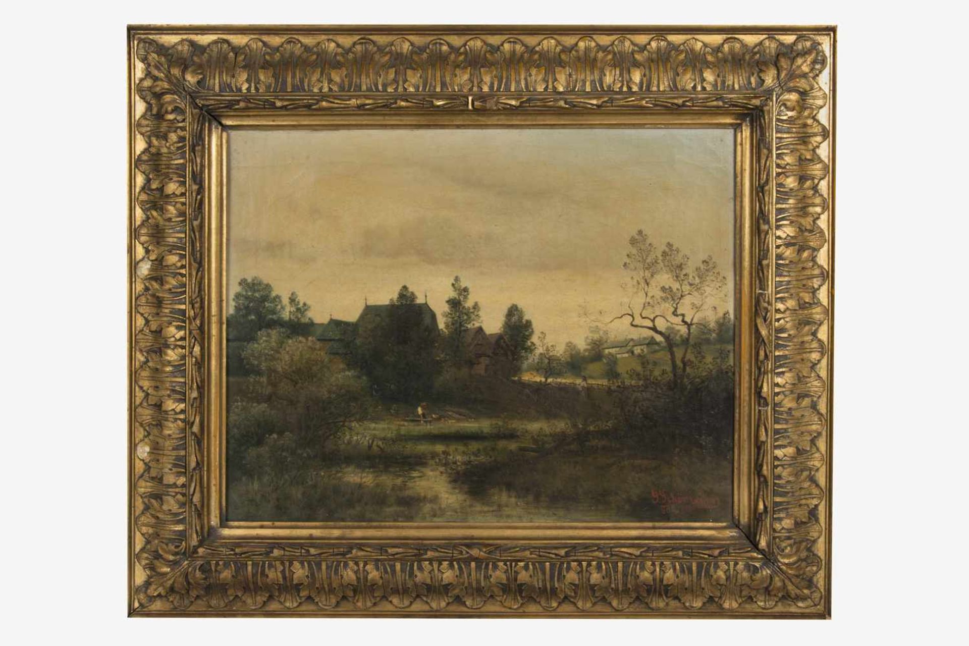 Georg Schönreither (Wien 1883 gest.) Landschaft mit Häusern und Teich, Öl auf Leinwand, sign.
