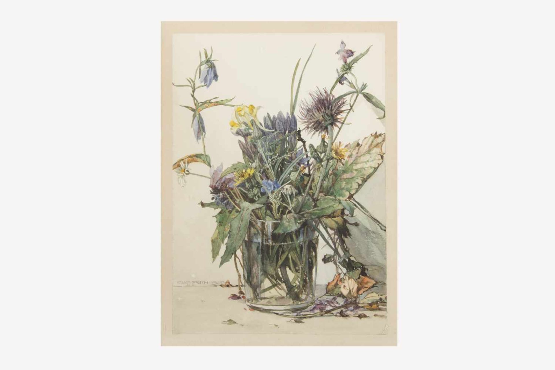 Gustav Feith (Wien 1875-1951) Wiesenblumen mit durchsichtigem Glasbecher, Aquarell auf Papier,