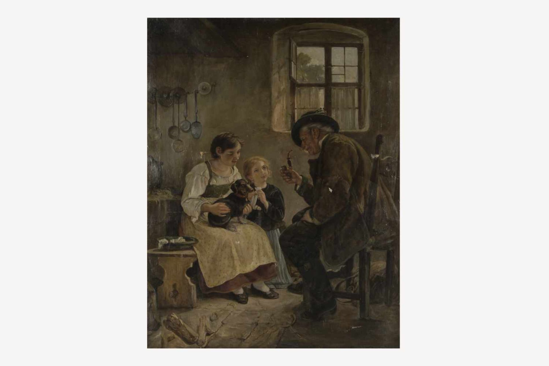 Künstler 19.Jh. Großvater mit Kindern und Dackel, bäuerliche Szene, ÖL/LW, 63x49cm, gerahmt,
