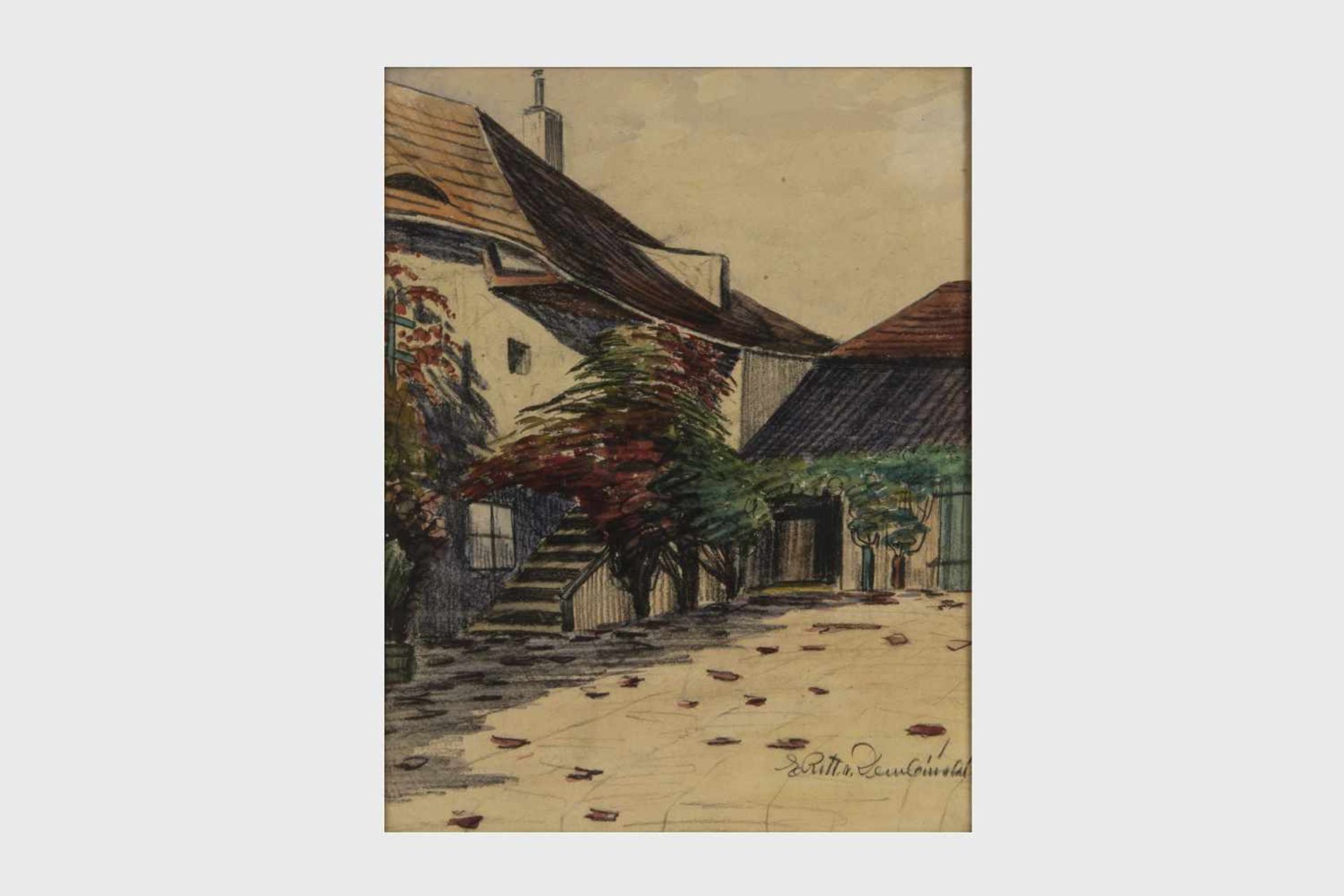 Eduard von Dembinski (Wien um 1930) Innenhofansicht, Kohlezeichnung/Aquarell auf Papier,