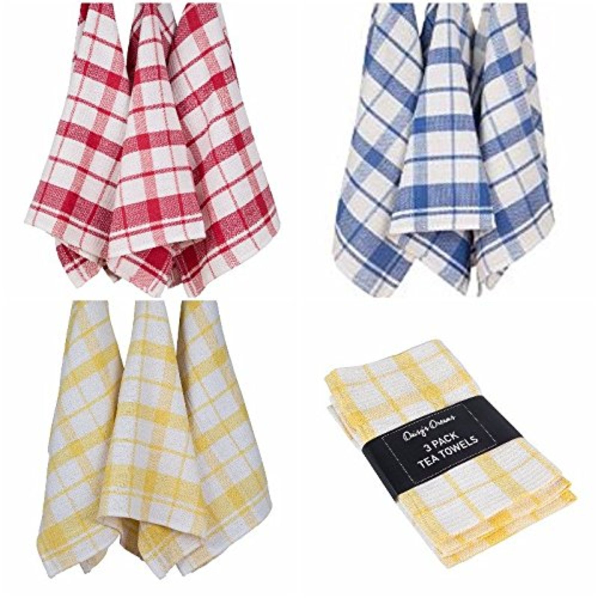 35 x Miss Daisys Yarn Dyed Waffle Tea Towels, Red/Yellow/Blue (Delivery Available) 33x76cm
