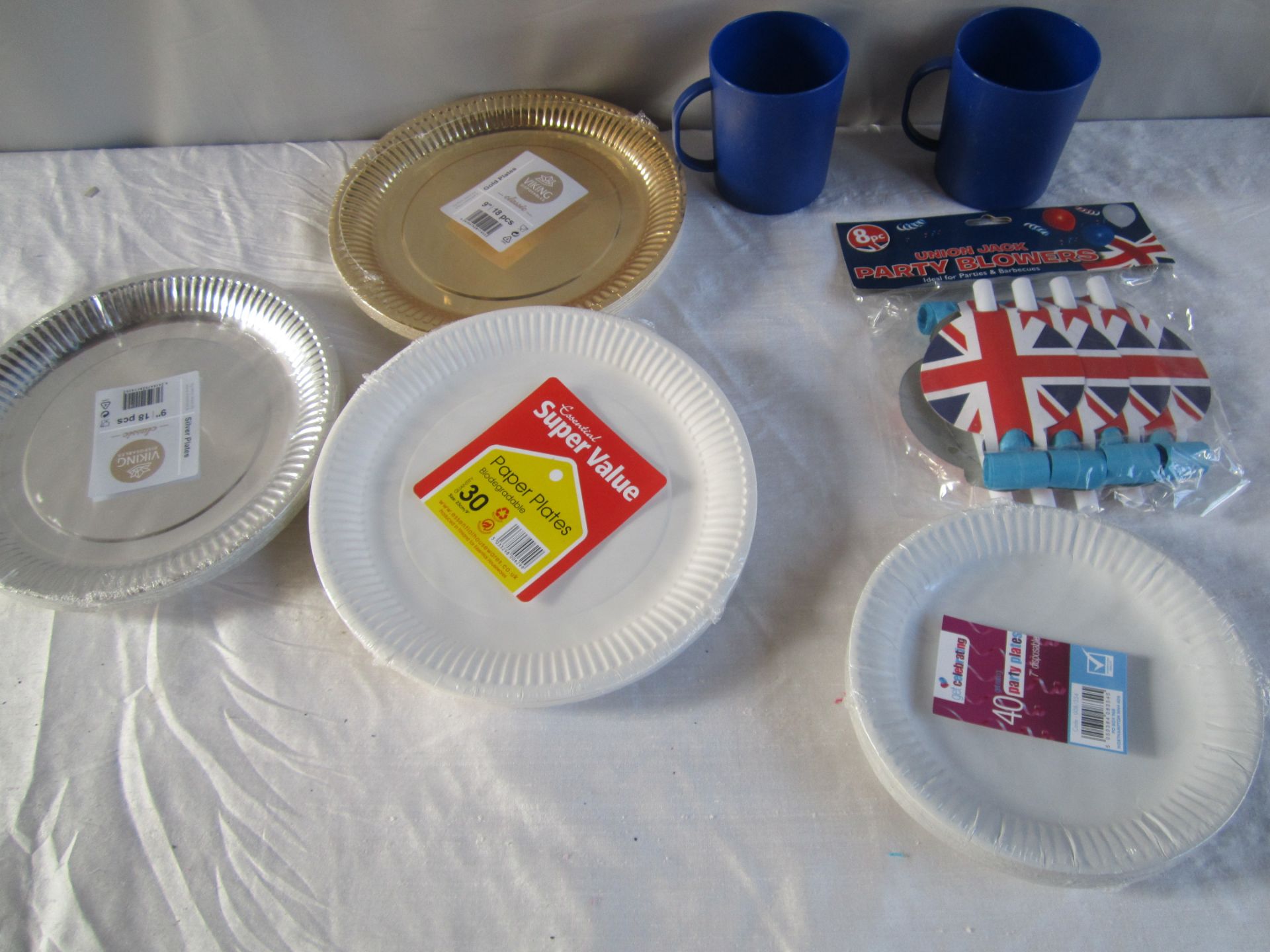 171 Pc Joblot Of Party Items, Plates, Blowers, Mugs Etc. See Description/Delivery Available