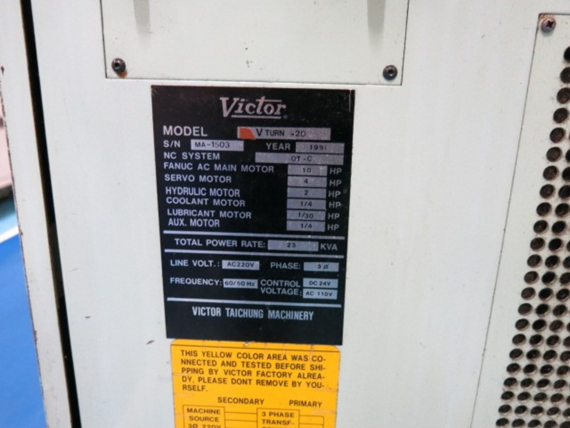 Victor Model VTurn-20 CNC Turning Center with 8'' (210mm) 3-Jaw Power Chuck, 230mm Max Swing, Approx - Image 4 of 6