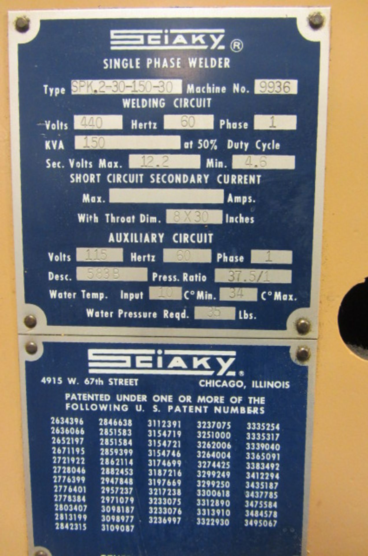 Sciaky Model SPK2-30-150-30 Press Type Spot Welder with 150 KVA, Approx 43'' Throat Depth, Remote - Image 5 of 5