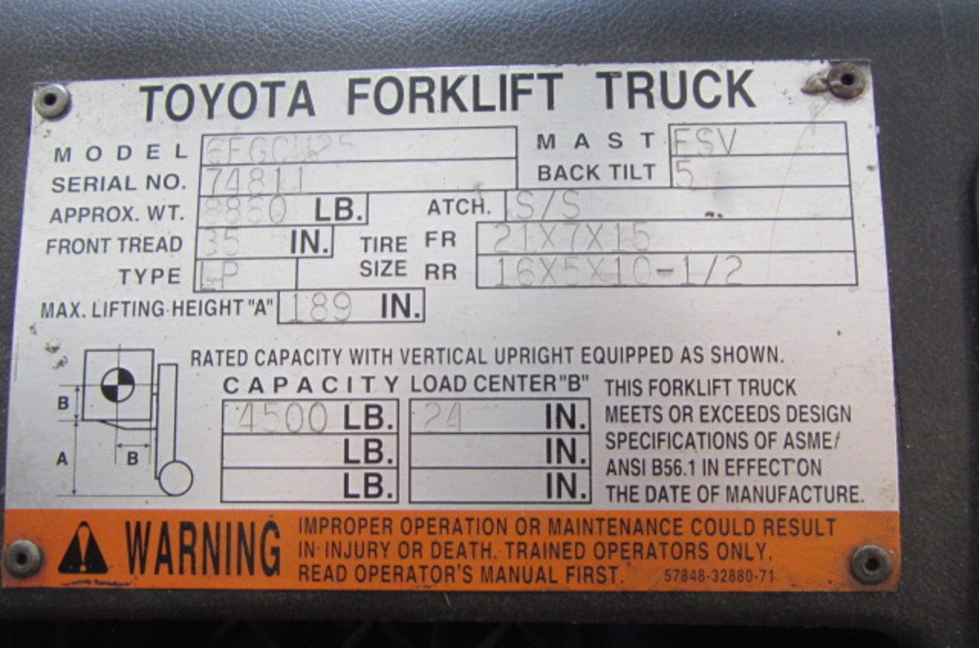 Toyota Model 6FGCU25 4500lb Propane Forklift with Side Shift, 3 Stage Mast, Lights, 4 Hard Tires, - Image 4 of 5