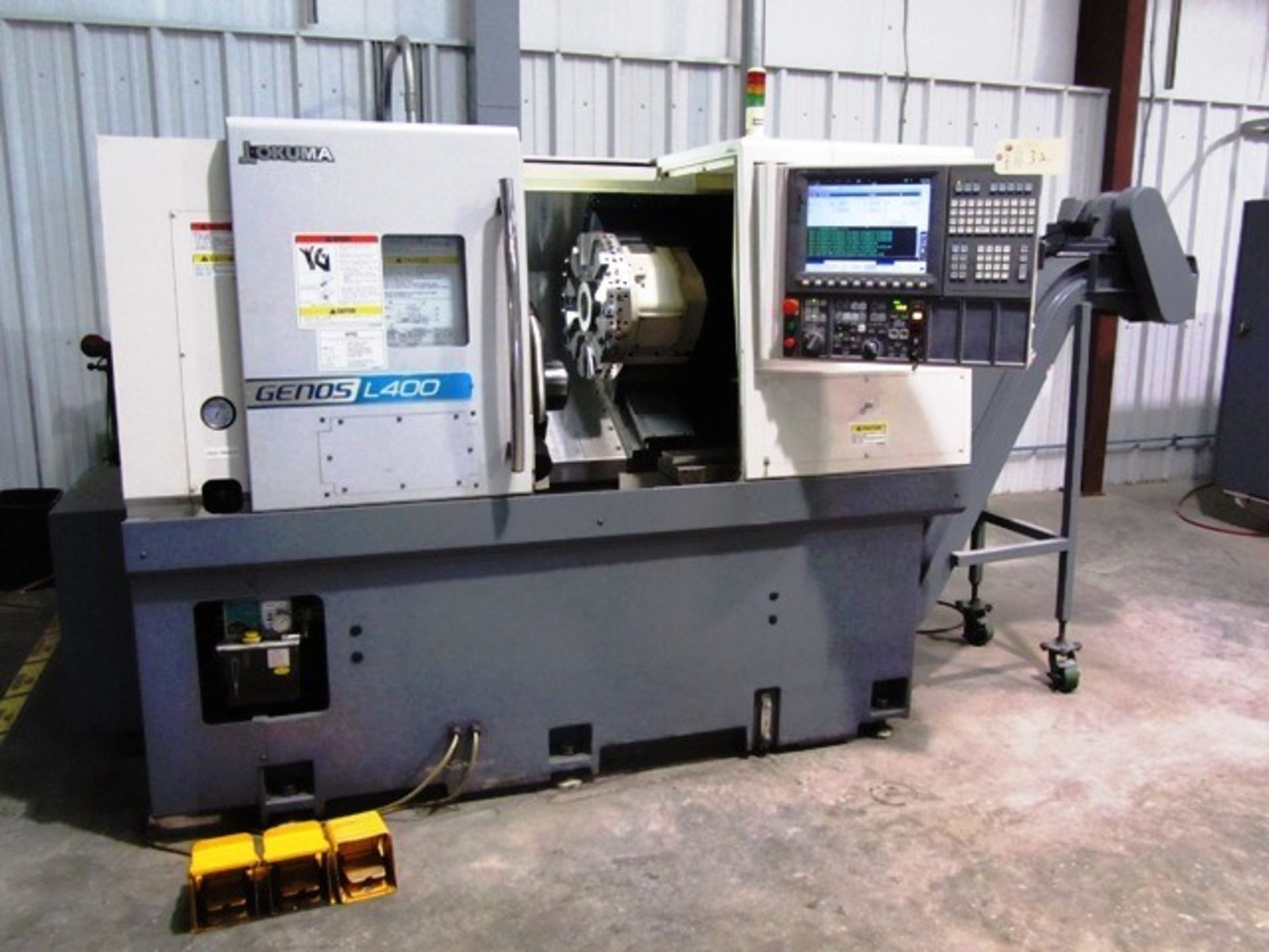 Okuma Model Genos L400 2-Axis CNC Turning Center with Collet Chuck, 12 Station Turret, 20'' Distance