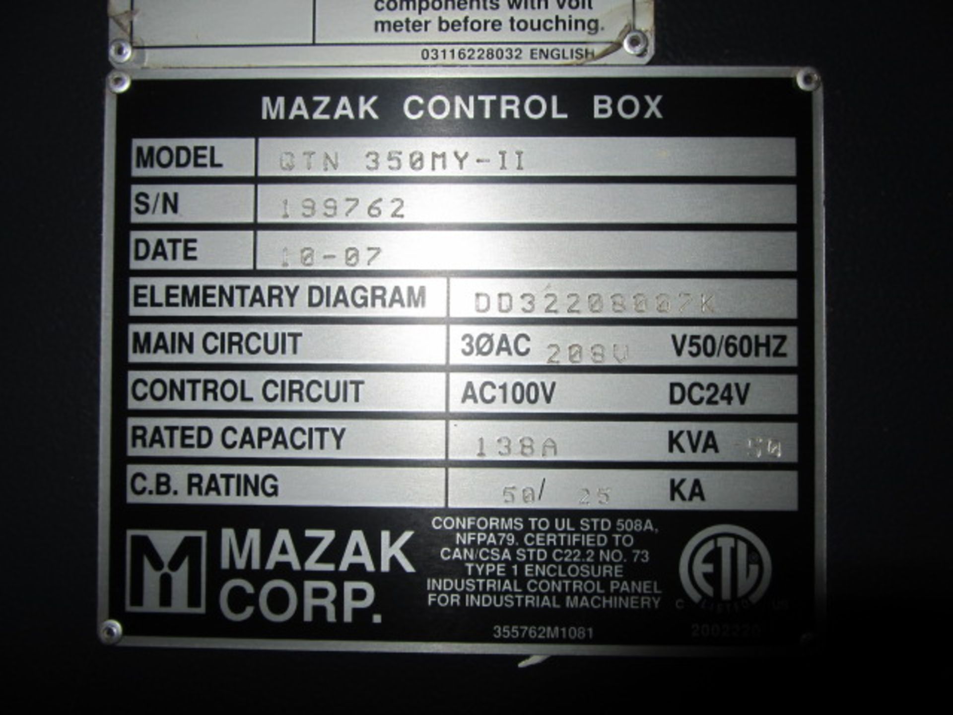 Mazak Model QT Nexus 350-IIMY CNC Turning Center with Y-Axis, Milling, 15'' 3-Jaw Power Chuck, - Image 7 of 7