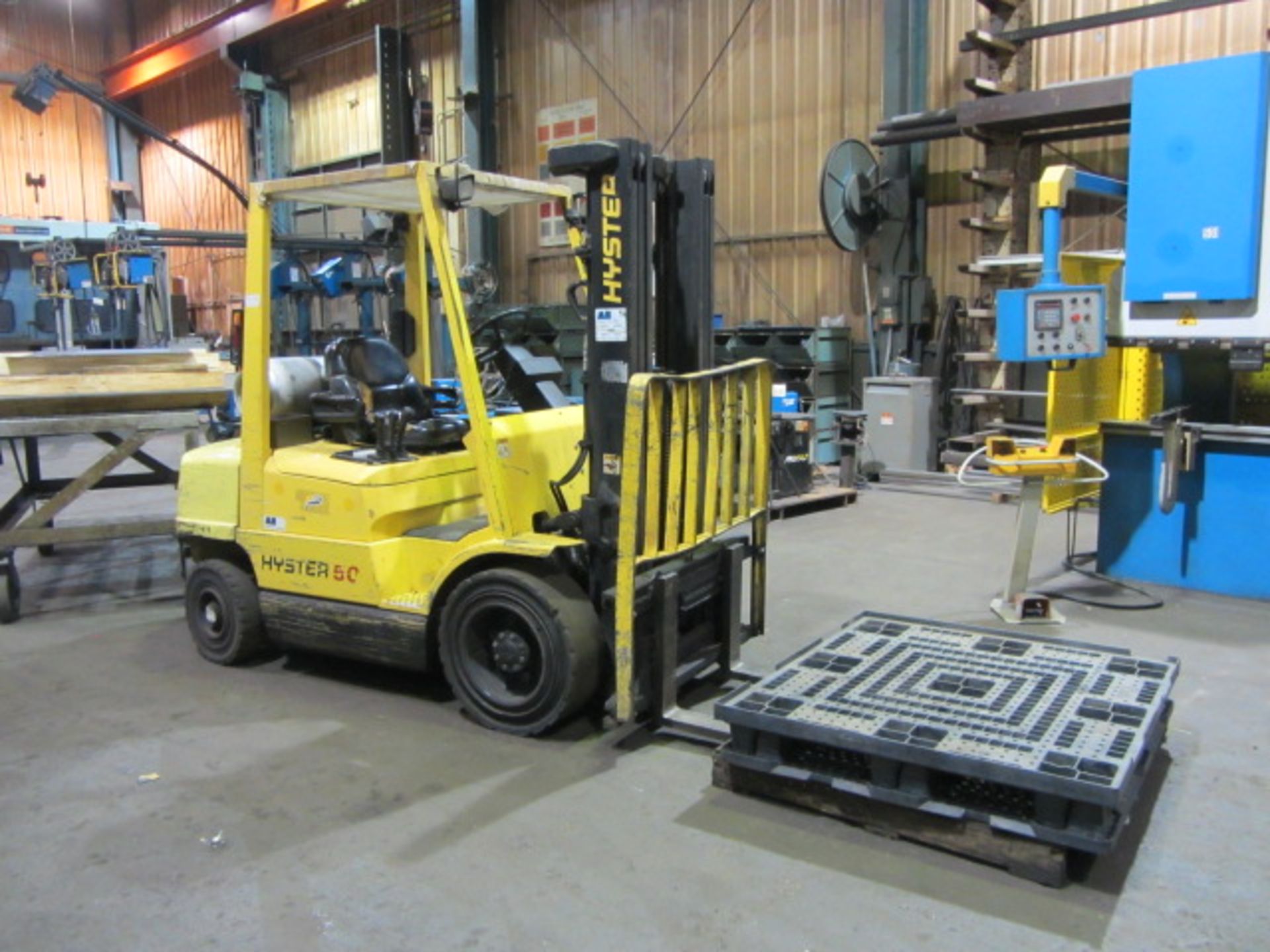 Hyster Model H50XM 5000lb Capacity Propane Forklift with (4) Hard Tires, 3-Stage Mast with Side