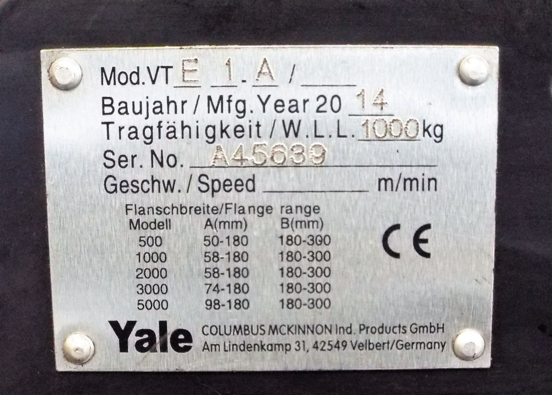 Yale CPVF 2-8/5-4 250Kg Electric Hoist - Image 4 of 5