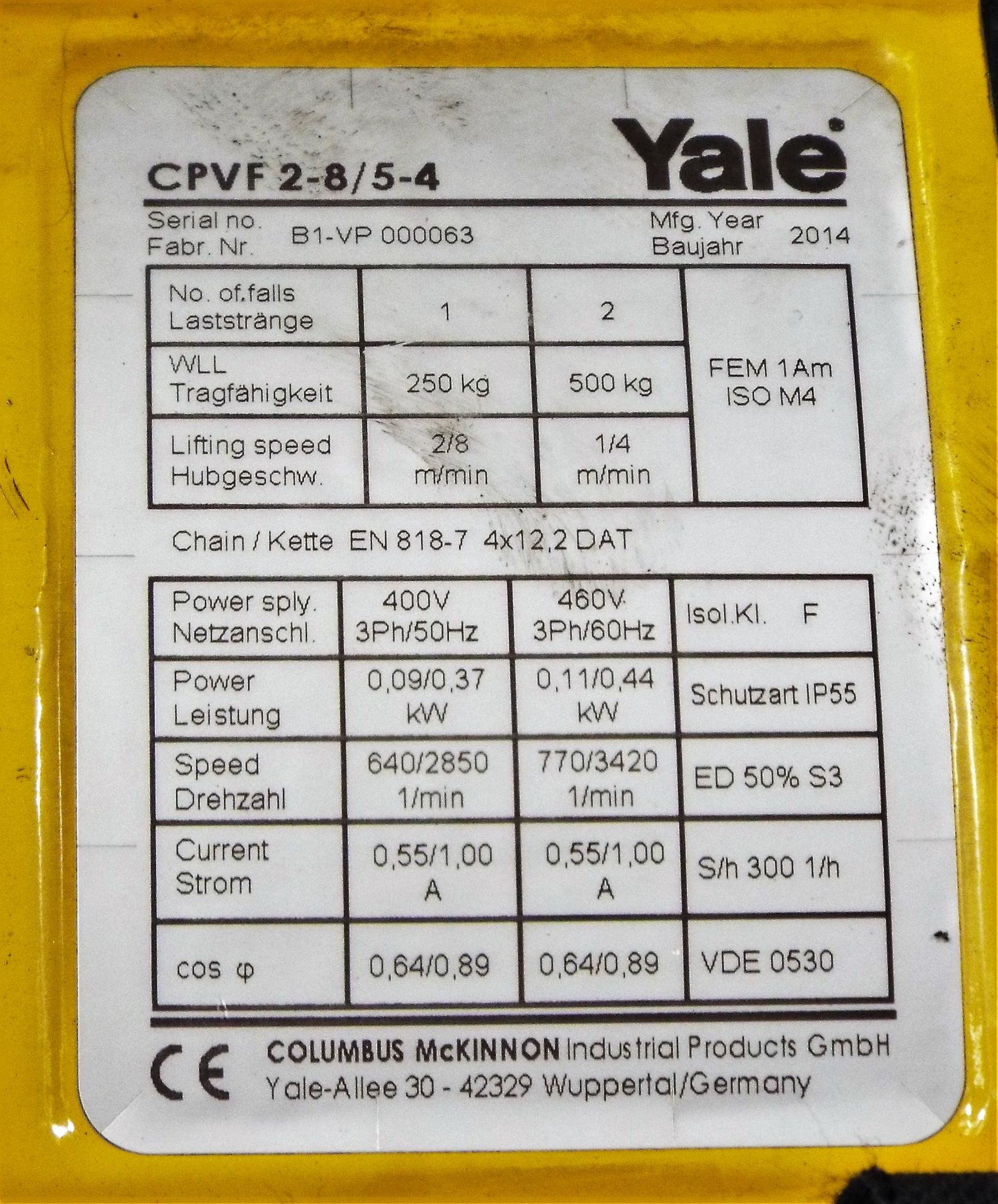 Yale CPVF 2-8/5-4 250Kg Electric Hoist - Image 2 of 5