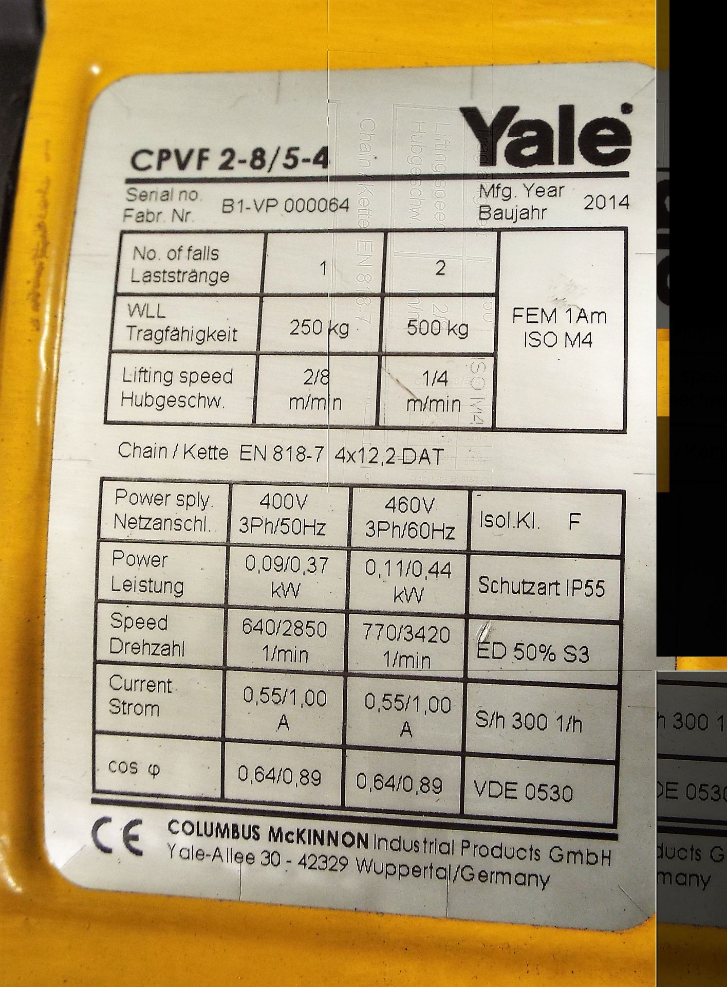 Yale CPVF 2-8/5-4 250Kg Electric Hoist. - Image 2 of 4