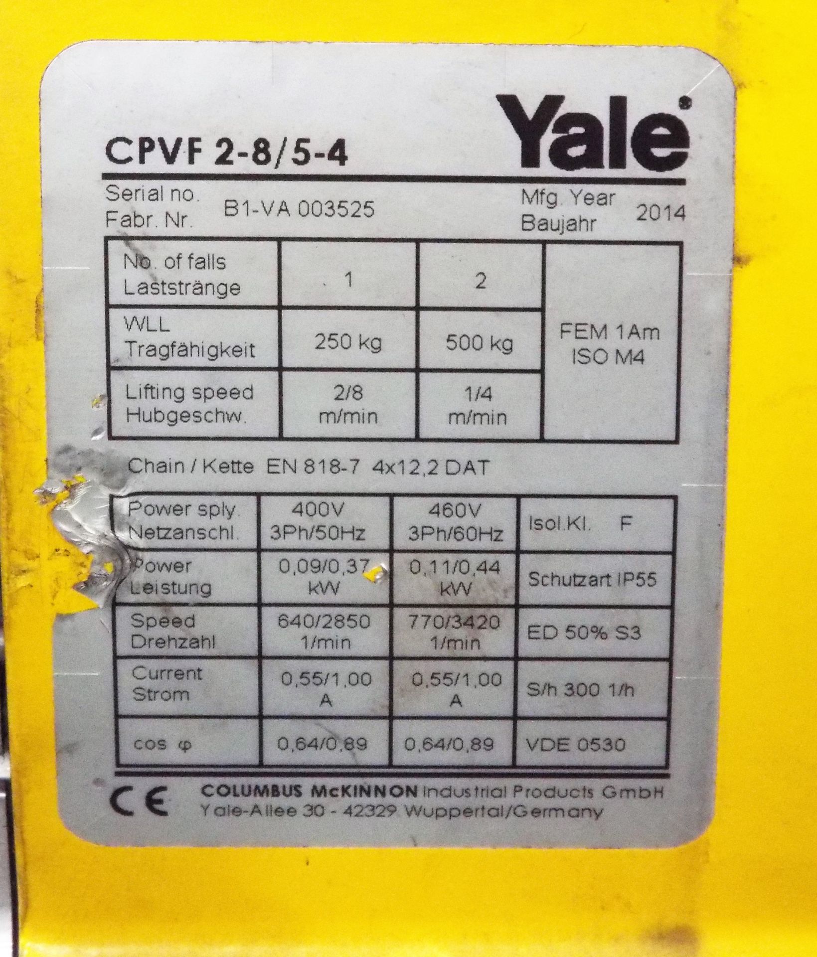 Yale CPVF 2-8/5-4 250Kg Electric Hoist - Image 2 of 5