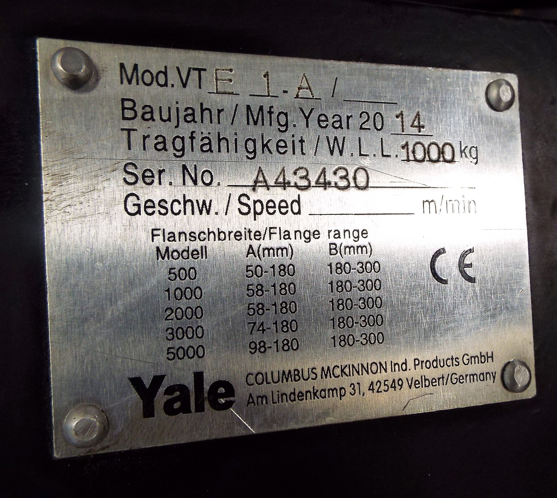 Yale CPVF 2-8/5-4 250Kg Electric Hoist. - Bild 5 aus 6