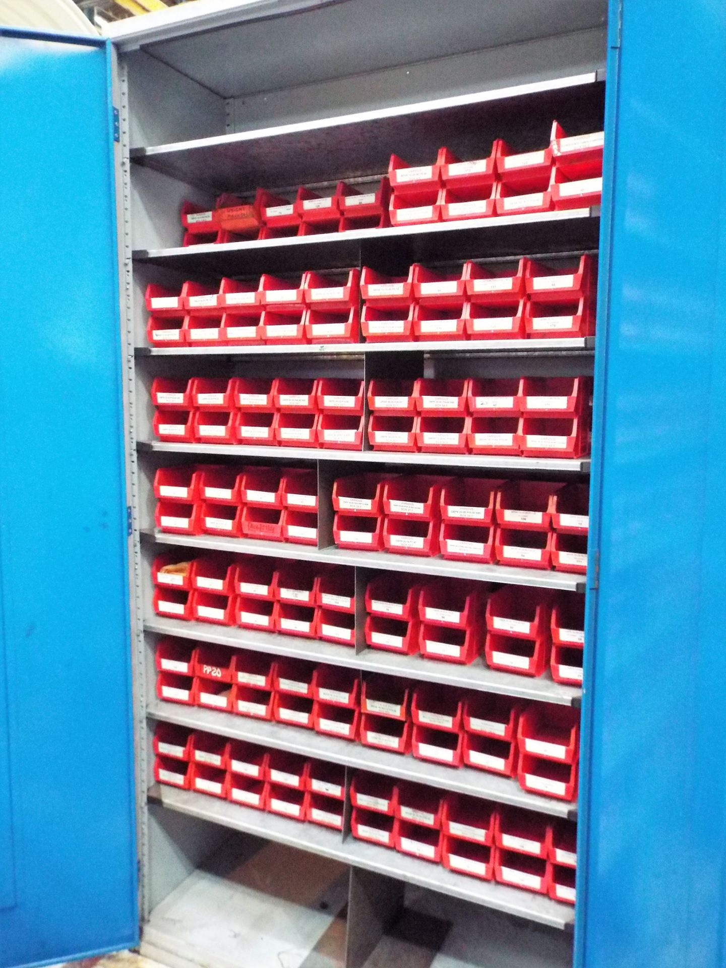 Storage Cabinet Complete with Large Number of Mailbox Plastic Tote Pans