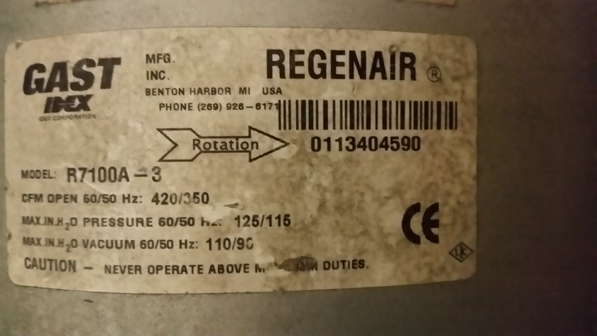 R7100A-3 Regenair® Regenerative Blower 10 HP 420 CFM 125 IN-H2O (press) 110 IN-H2O (vac) Voltage: - Image 3 of 21