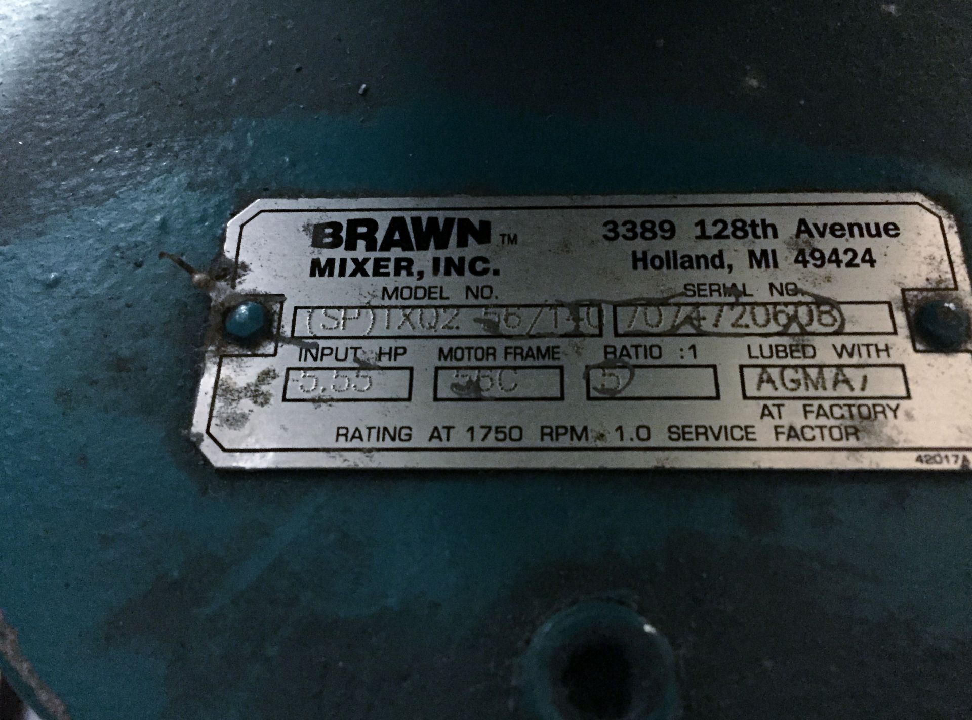 Brawn Mixer BGMF75 MIXER .75 HP, WITH A TX02 56/140 Clamp-Mount Gear Drive (Tank Not include) Model: - Image 10 of 11