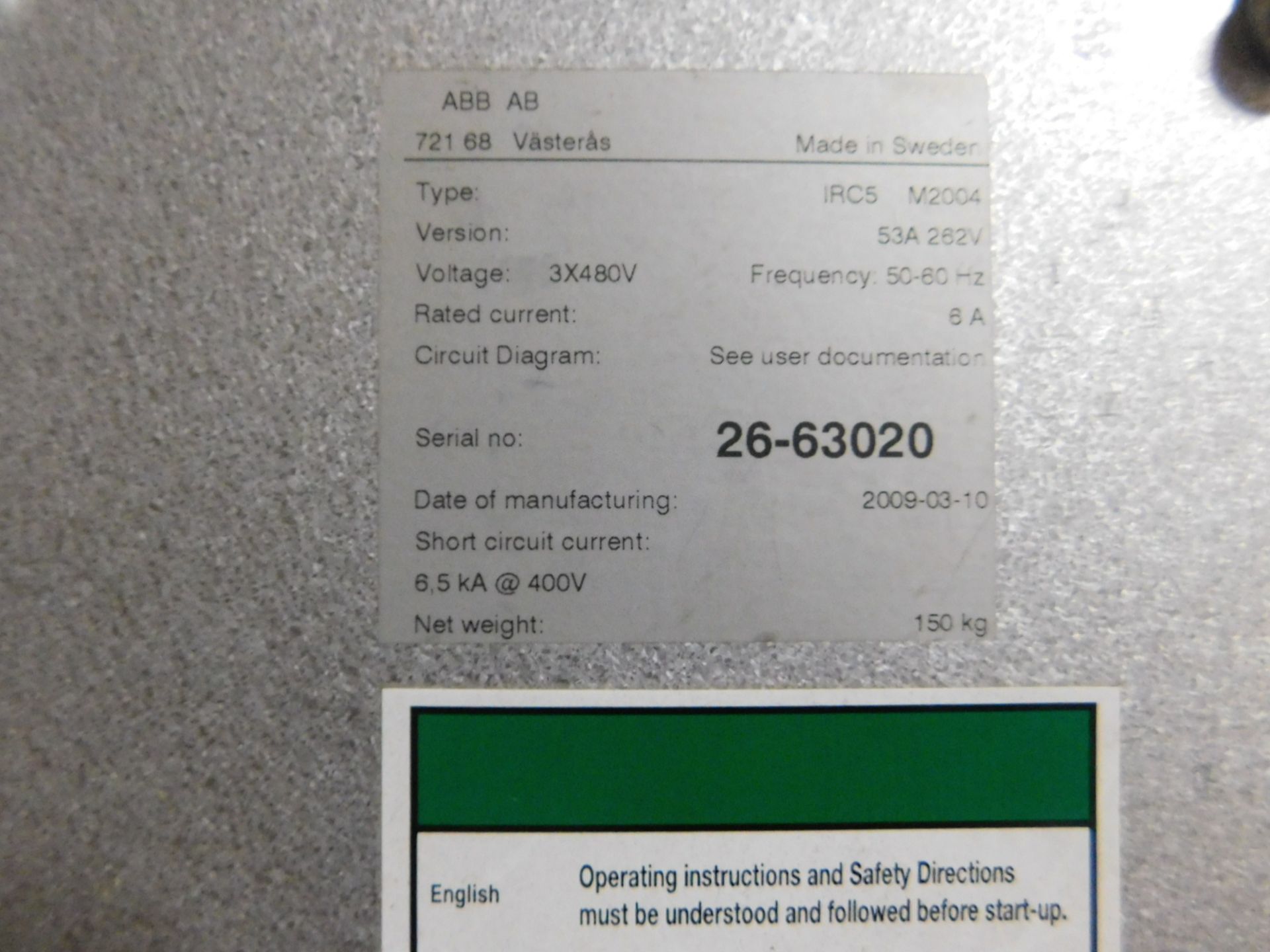 ALLEN BRADLEY 721 68 Vasteras Type of robot IRB2600, Type IRC5 M2004 Ver. 53A 262V, voltage 3X480V - Image 3 of 15