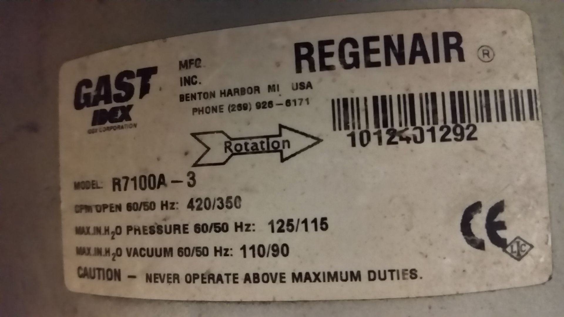 R7100A-3 Regenair® Regenerative Blower 10 HP 420 CFM 125 IN-H2O (press) 110 IN-H2O (vac) Voltage: - Image 7 of 21