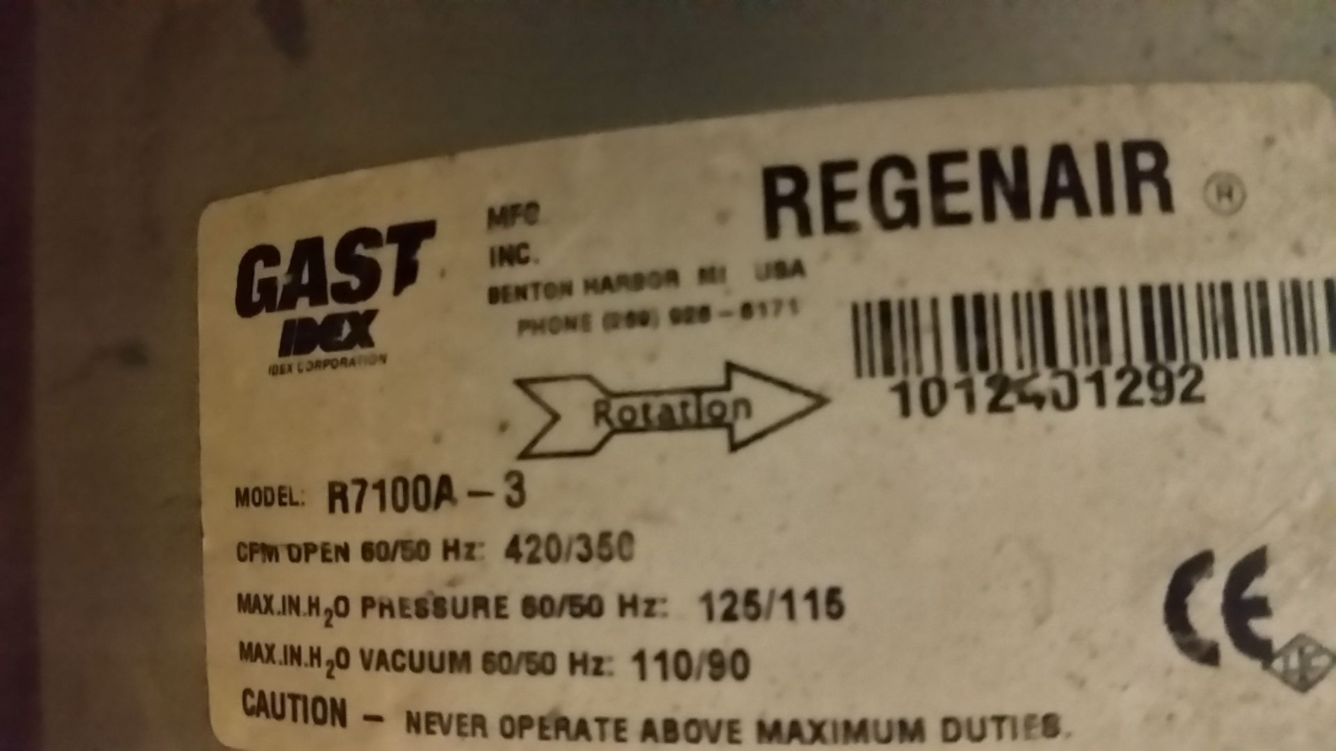 R7100A-3 Regenair® Regenerative Blower 10 HP 420 CFM 125 IN-H2O (press) 110 IN-H2O (vac) Voltage: - Image 4 of 21