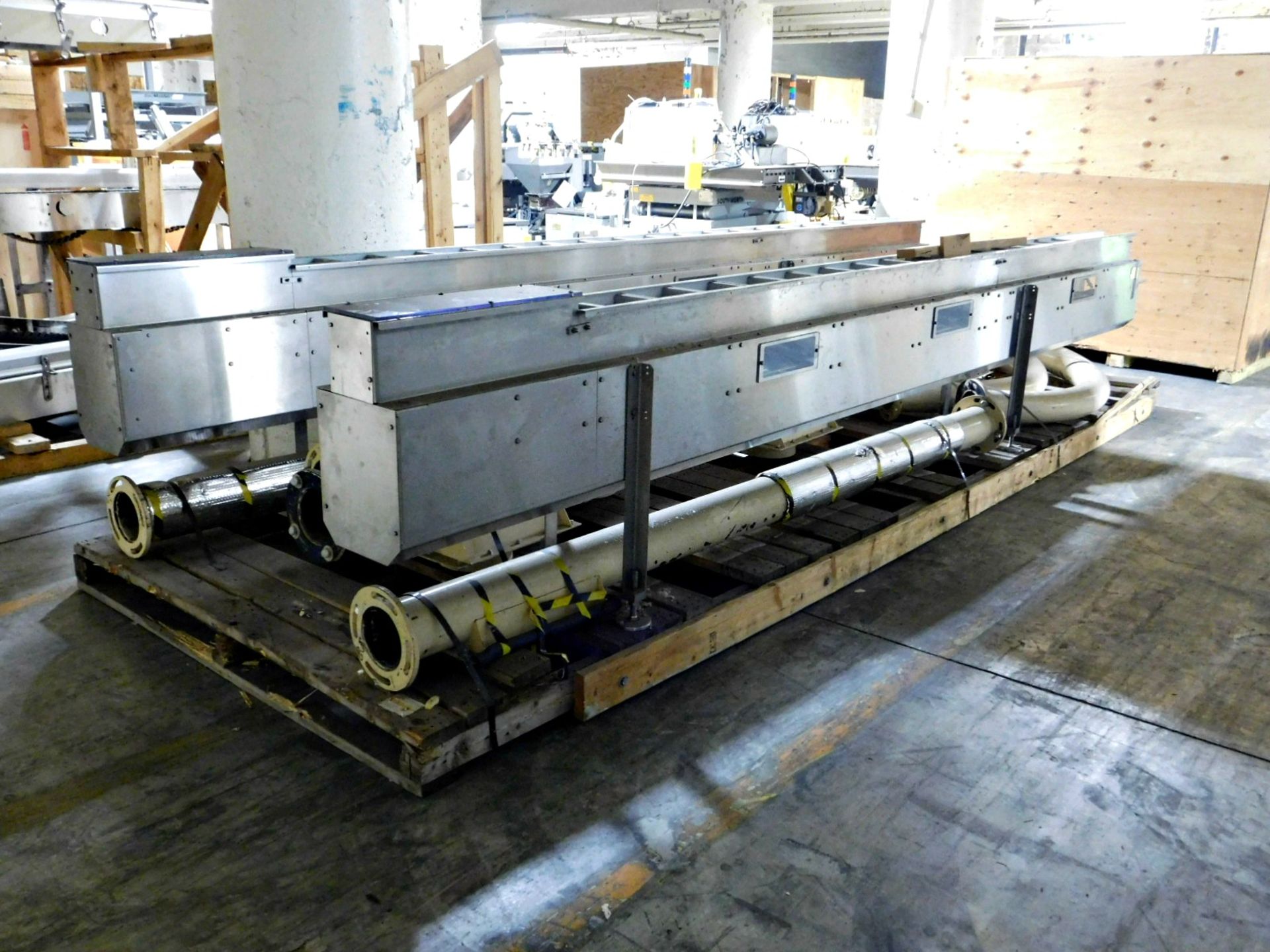 Stainless steel conveyor 17' 2" x 5" qty 2 & pipes :equipment located at Clark Logistic Services |