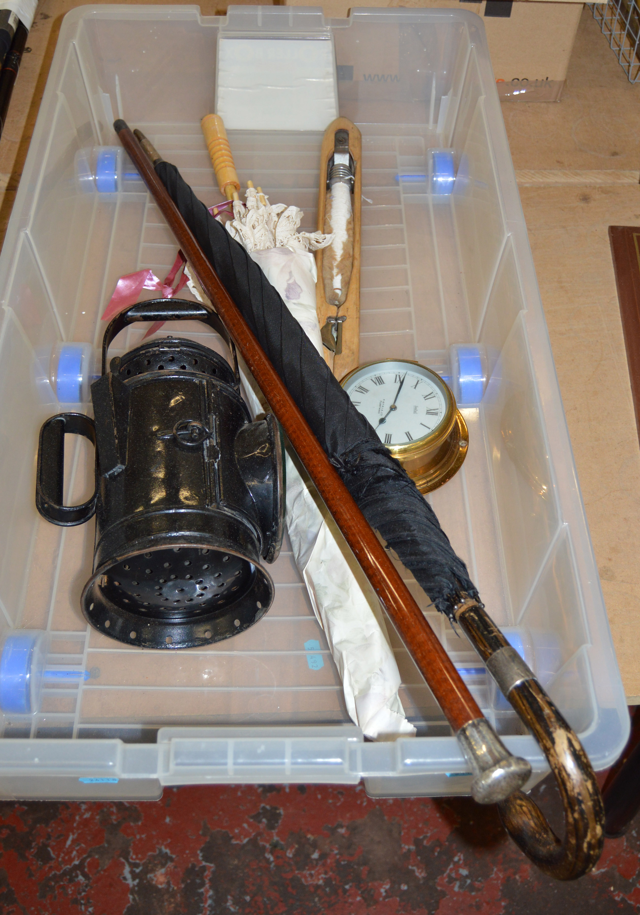 A mixed lot of assorted collectables including a Railway lamp, a silver topped walking stick,