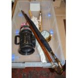 A mixed lot of assorted collectables including a Railway lamp, a silver topped walking stick,