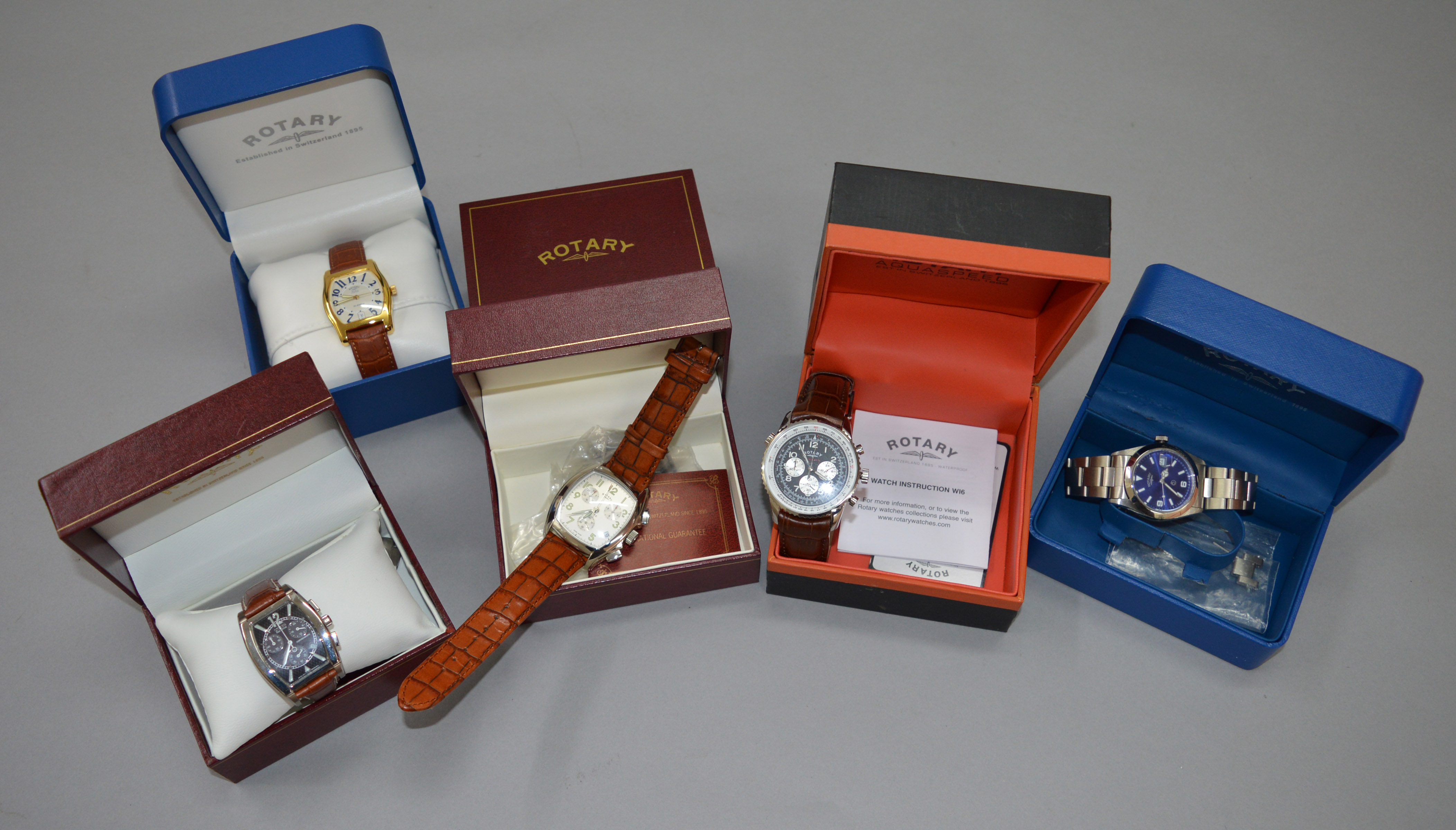 5 Rotary watches including Aquaspeed and Elite examples, with boxes.