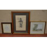 3 assorted pictures including a watercolour signed David Newton, a pencil sketch and a print.