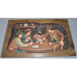 A wooden carving depicting a pub scene.