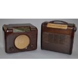 2 vintage bakelite radios: A Bush DAC 90A in broiwn and a Cossor portable radio