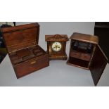 A mahogany writing box together with an oak humidor and a German mantle clock with pendulum and key