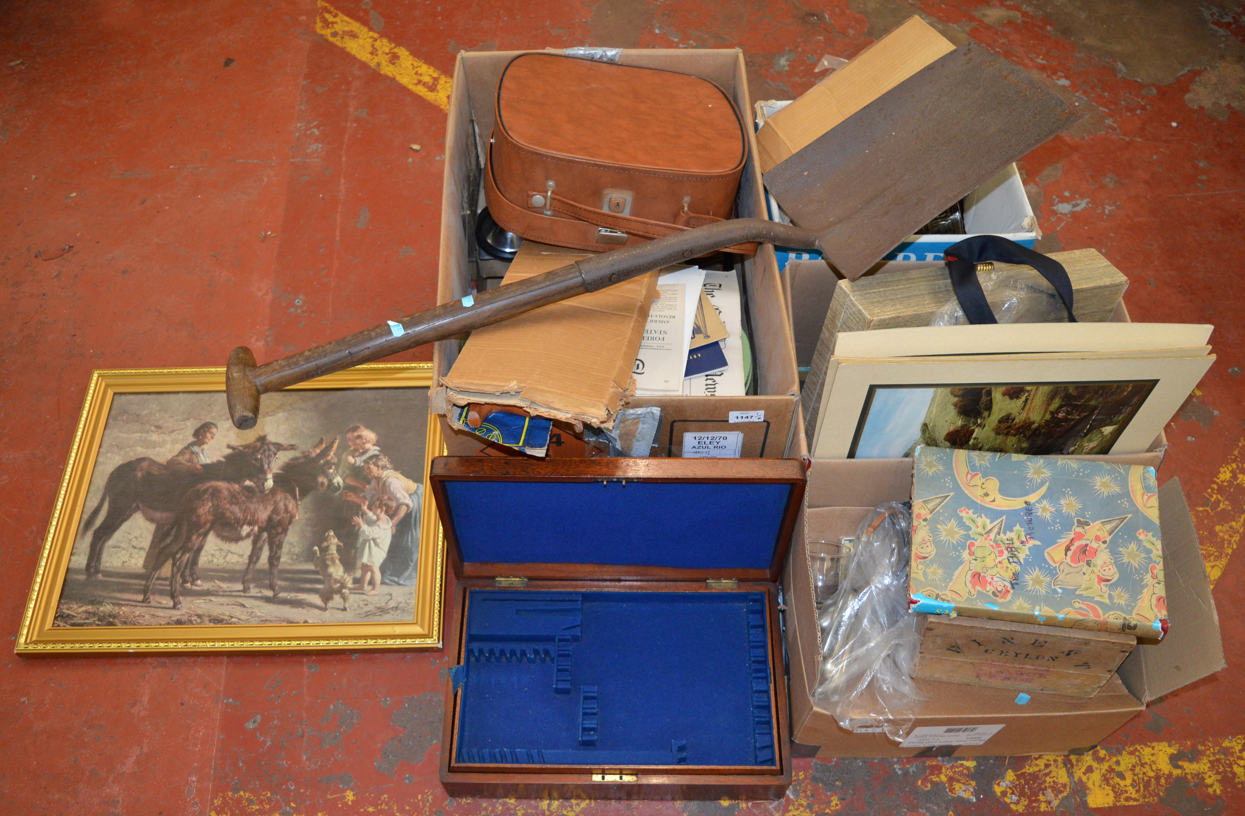 A large mixed lot of collectables including railwayana, tins, cutlery, prints etc.