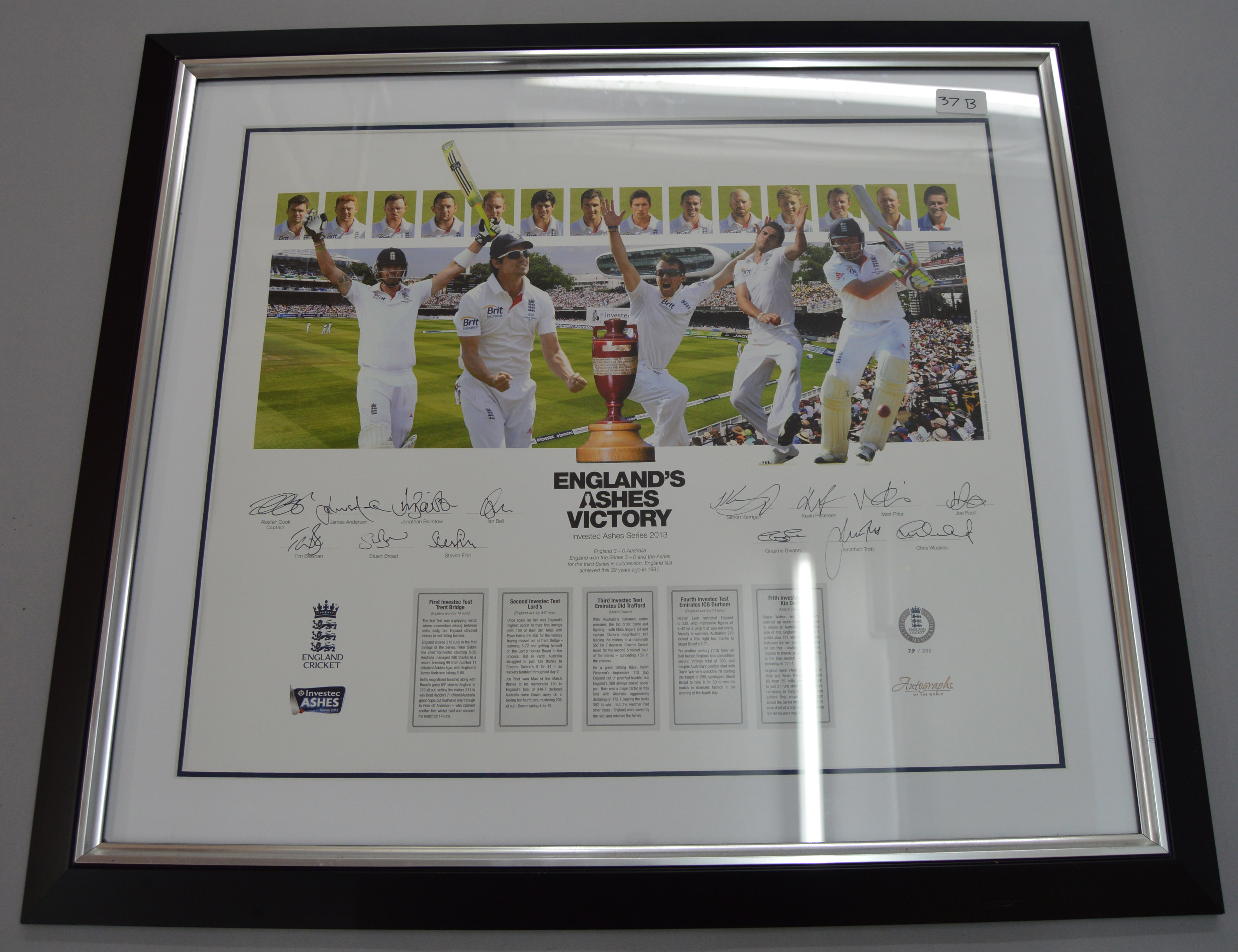 A limited edition 2013 England Cricket team signed photograph to commemorated the 2013 Ashes