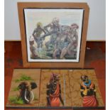 3 African oil paintings on sackcloth.