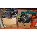 A large quantity of assorted power and hand tools etc including a strimmer, a Linwood charger,