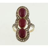 A cabochon ruby & rose-cut diamond ring, tested 14ct unmarked mount, approx 5.